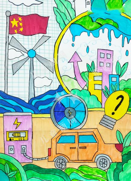 国旗飘扬下的低碳未来